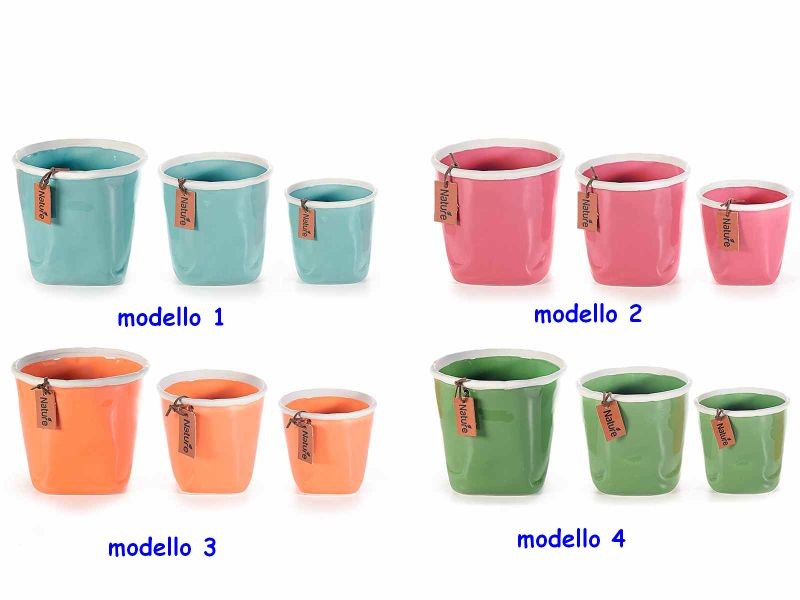Set 3 vasi in ceramica lucida con bordo bianco e tag modello a scelta
